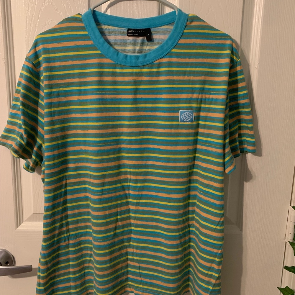 green and orange stripe t shirt with patch